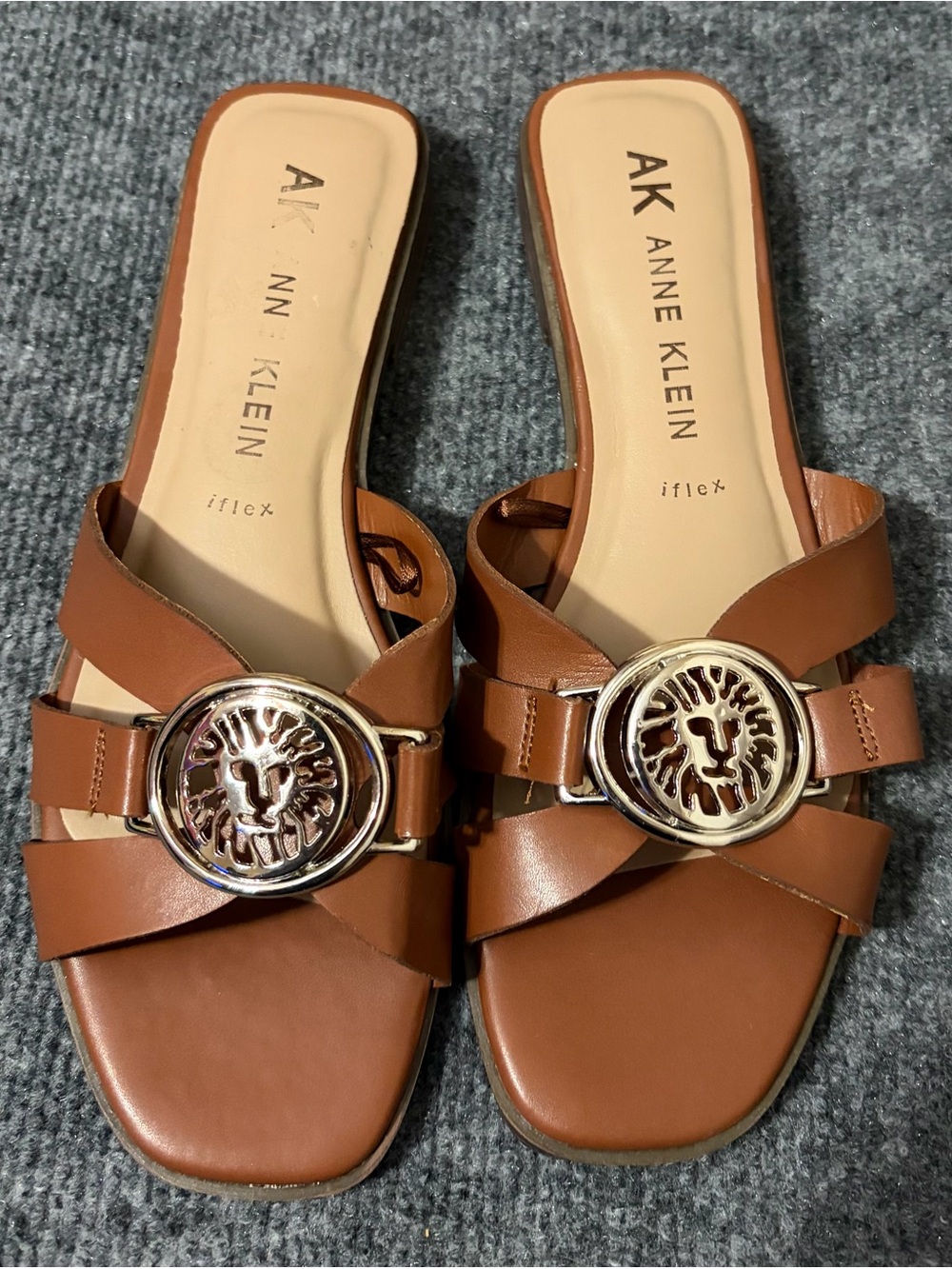 Anne Klein Brown Leather Slide Sandals with Gold Medallion Accent